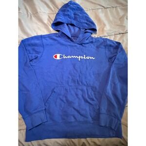 Champion Kids Blue Script Logo Pullover Hoodie Sweatshirt XL Fleece
